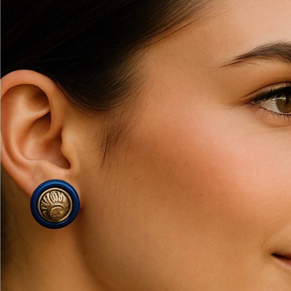 GIVENCHY Vintage Blue enamel and Gold plated Button Earrings